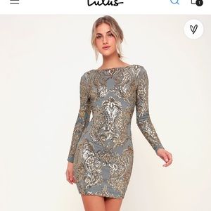 Lola Light Blue and Gold Sequin Long Sleeve Bodycon Dress Size Medium